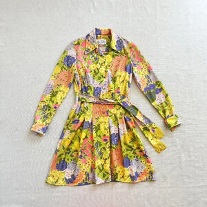 Vintage 70s Women's Leslie Fay Yellow Floral Print Long Sleeve Belted Dress